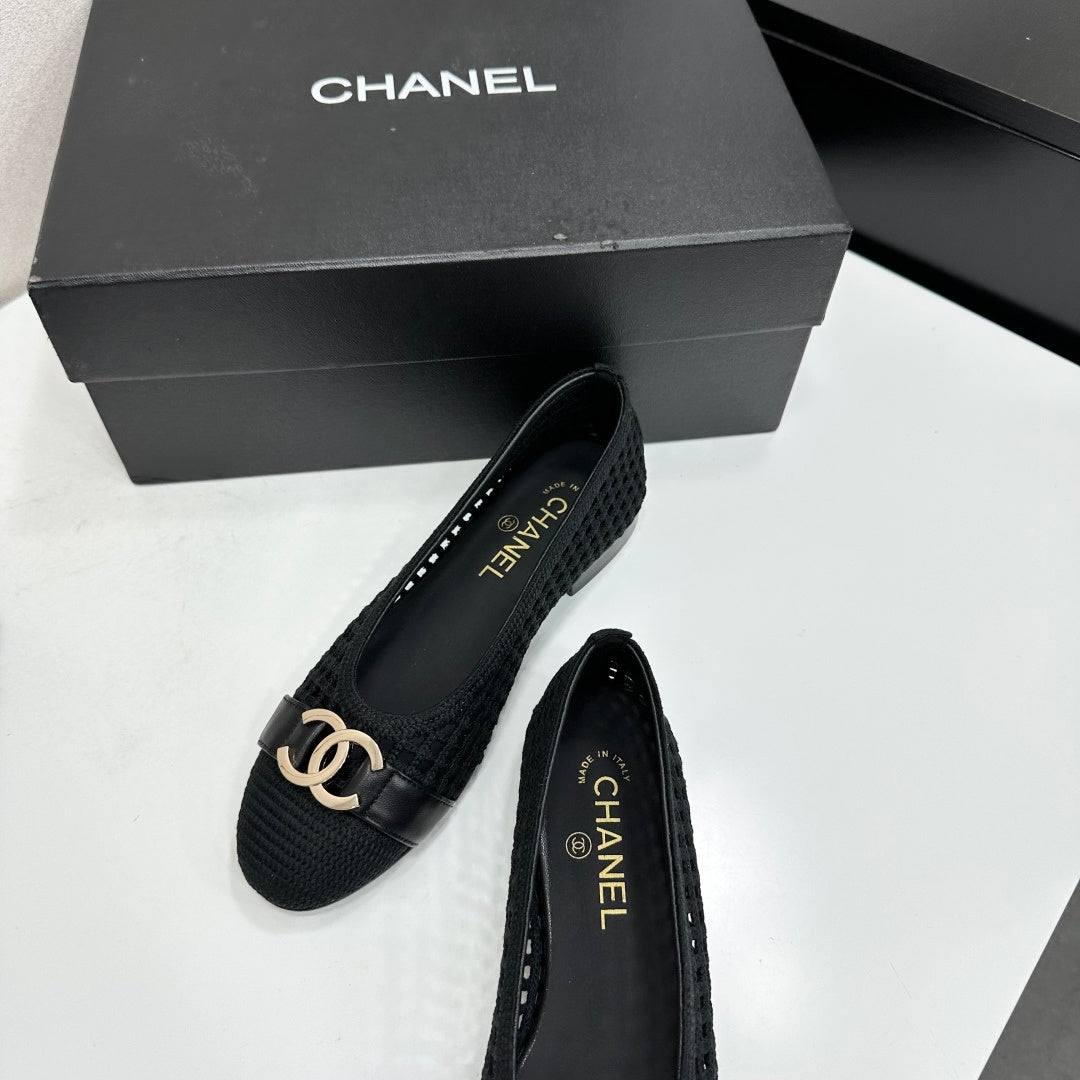 CHANEL 26S TOE FLATS IN BLACK MESH FABRIC