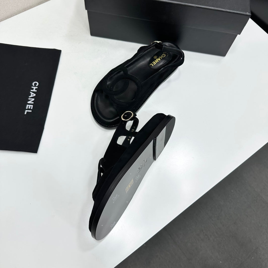 CHANEL 26S FLAT SANDALS IN BLACK SUEDE
