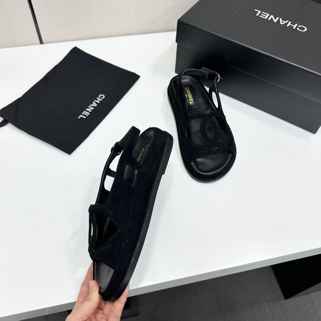CHANEL 26S FLAT SANDALS IN BLACK SUEDE