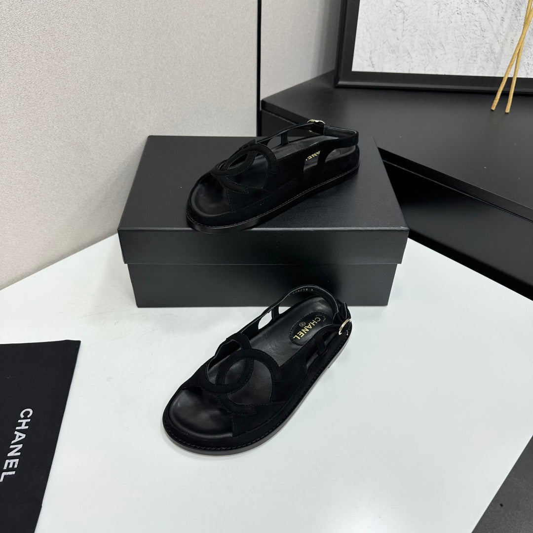 CHANEL 26S FLAT SANDALS IN BLACK SUEDE