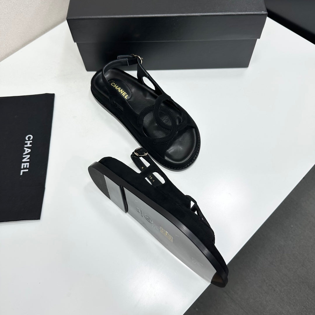 CHANEL 26S FLAT SANDALS IN BLACK SUEDE
