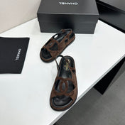 CHANEL 26S FLAT SANDALS IN DARK BROWN SUEDE