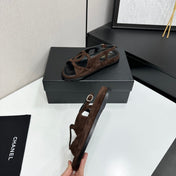 CHANEL 26S FLAT SANDALS IN DARK BROWN SUEDE