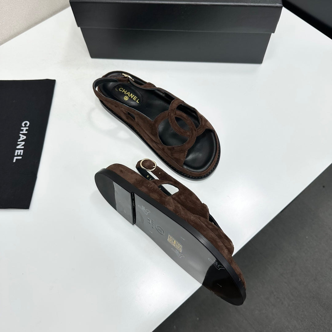 CHANEL 26S FLAT SANDALS IN DARK BROWN SUEDE