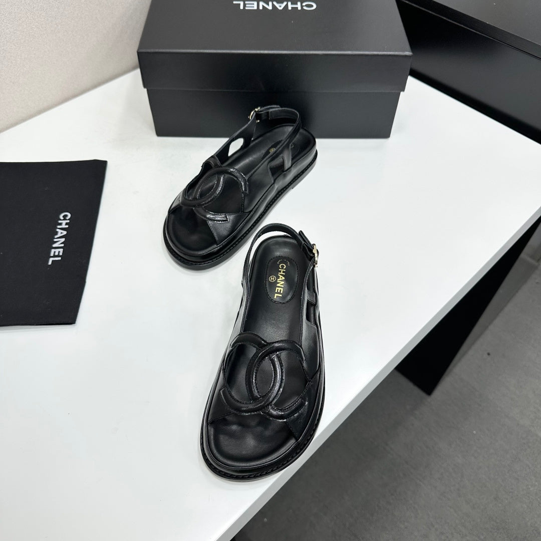 CHANEL 26S FLAT SANDALS IN BLACK LAMBSKIN