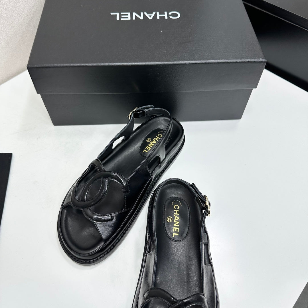 CHANEL 26S FLAT SANDALS IN BLACK LAMBSKIN