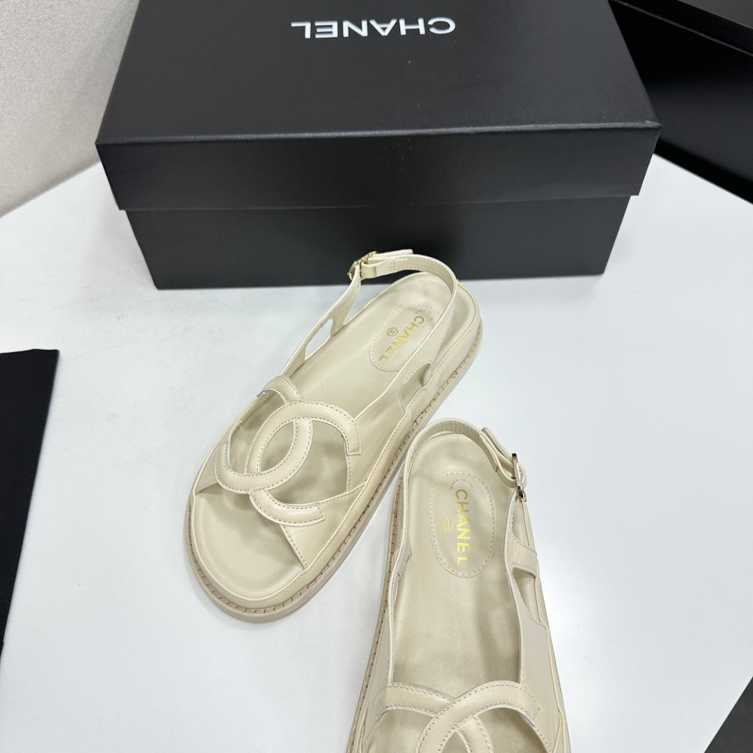 CHANEL 26S FLAT SANDALS IN CREAM WHITE LAMBSKIN