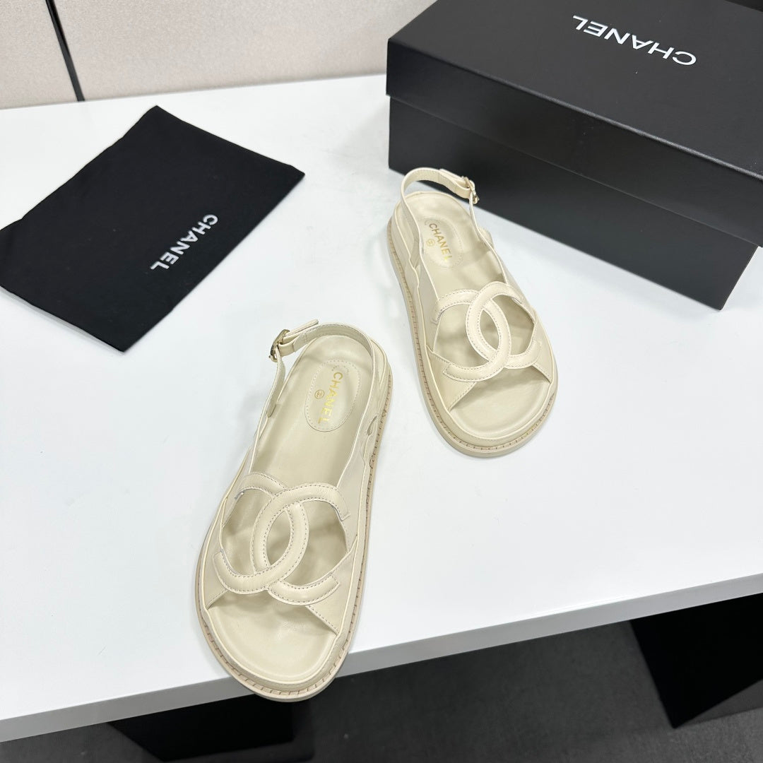 CHANEL 26S FLAT SANDALS IN CREAM WHITE LAMBSKIN