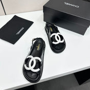 CHANEL 26S FLAT SANDALS IN BLACK LAMBSKIN WITH WHITE OVERSIZED CC LOGO