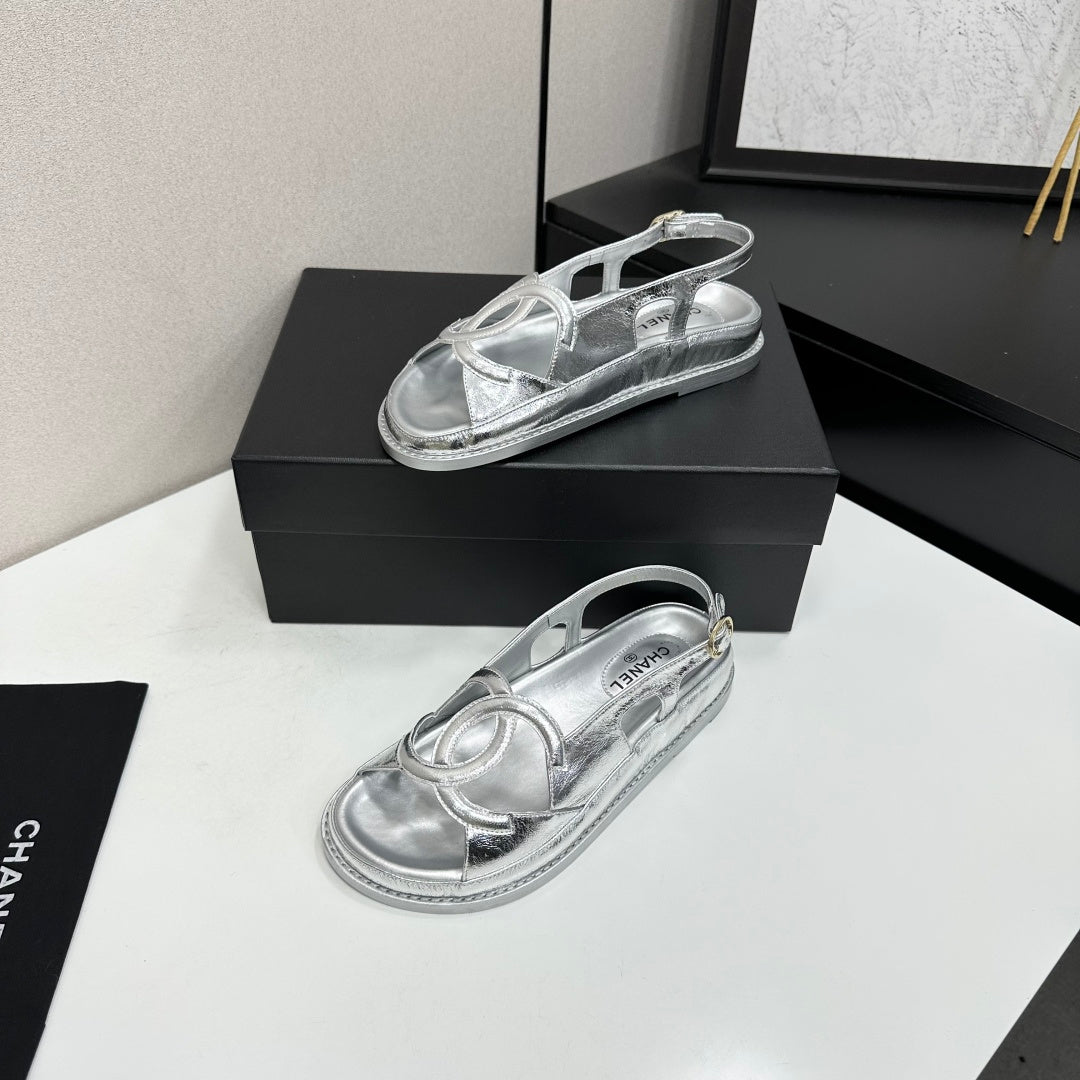 CHANEL 26S FLAT SANDALS IN SILVER LAMBSKIN