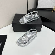 CHANEL 26S FLAT SANDALS IN SILVER LAMBSKIN
