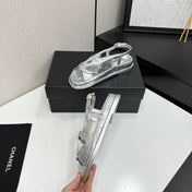 CHANEL 26S FLAT SANDALS IN SILVER LAMBSKIN
