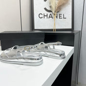CHANEL 26S FLAT SANDALS IN SILVER LAMBSKIN
