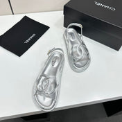 CHANEL 26S FLAT SANDALS IN SILVER LAMBSKIN