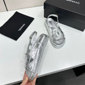 CHANEL 26S FLAT SANDALS IN SILVER LAMBSKIN