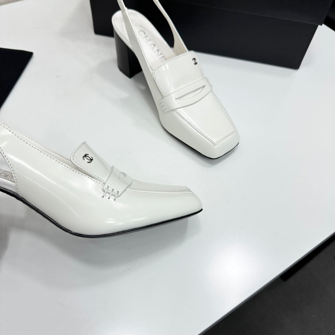 CHANEL 26S SLINGBACK LOAFER PUMPS IN WHITE PATENT CALFSKIN