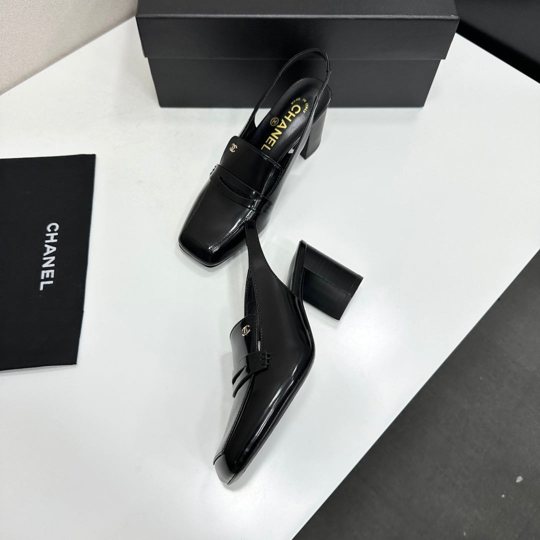 CHANEL 26S SLINGBACK LOAFER PUMPS IN BLACK PATENT CALFSKIN