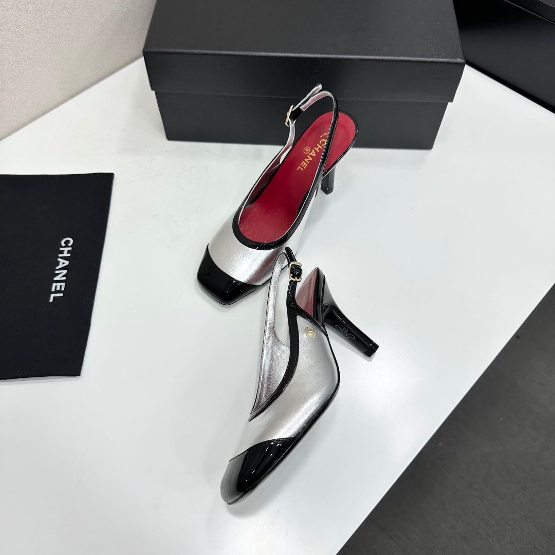 CHANEL 26S HIGH HEEL SLINGBACK IN SILVER LAMBSKIN AND BLACK PATENT CALFSKIN