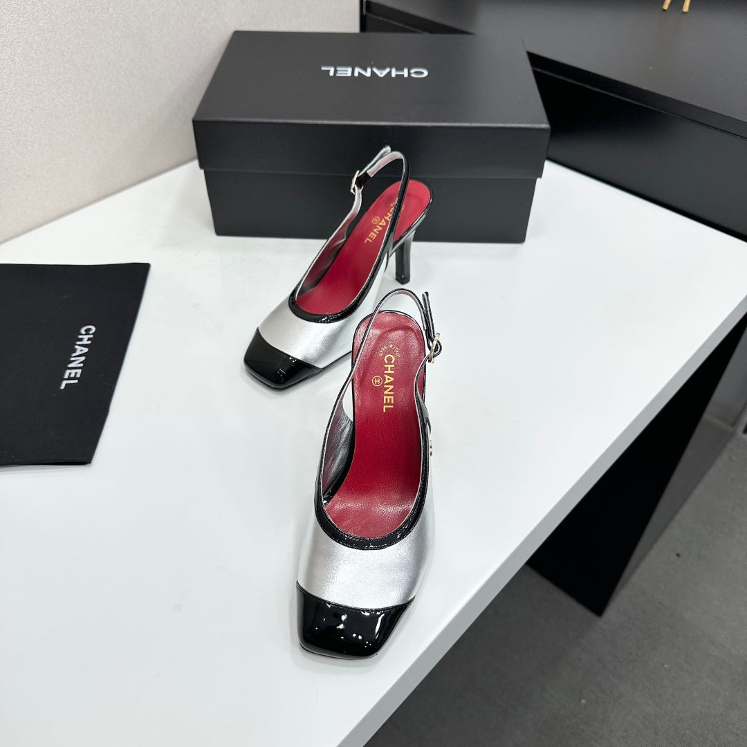 CHANEL 26S HIGH HEEL SLINGBACK IN SILVER LAMBSKIN AND BLACK PATENT CALFSKIN