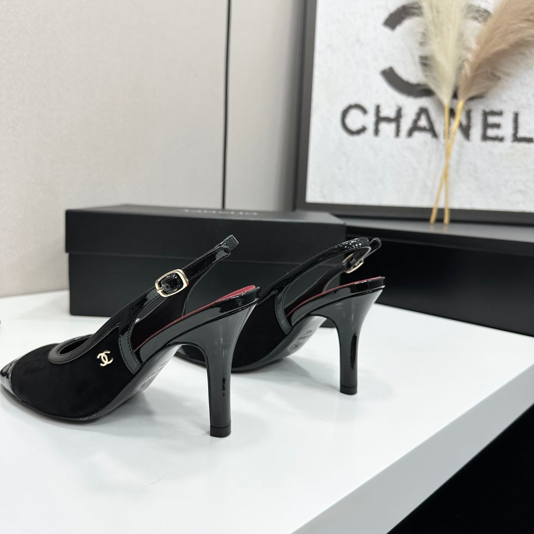 CHANEL 26S HIGH HEEL SLINGBACK PUMPS IN BLACK SUEDE