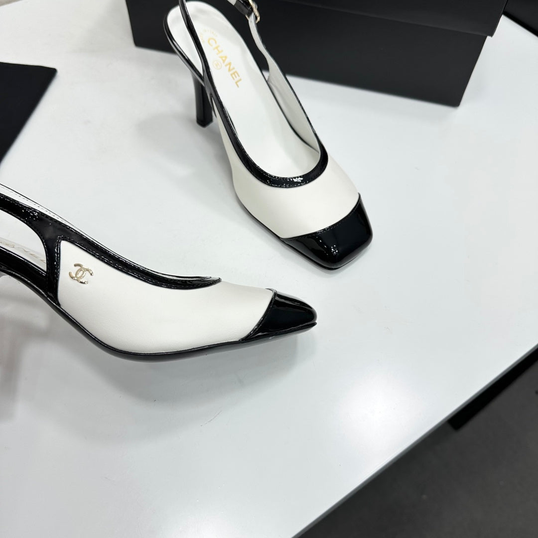 CHANEL 26S HIGH HEEL SLINGBACK IN WHITE LAMBSKIN AND BLACK PATENT CALFSKIN