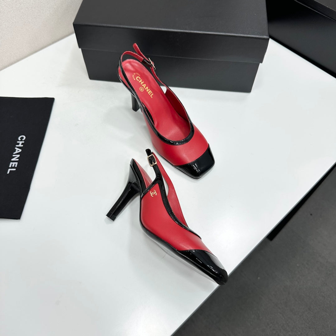 CHANEL 26S HIGH HEEL SLINGBACK IN RED LAMBSKIN AND BLACK PATENT CALFSKIN