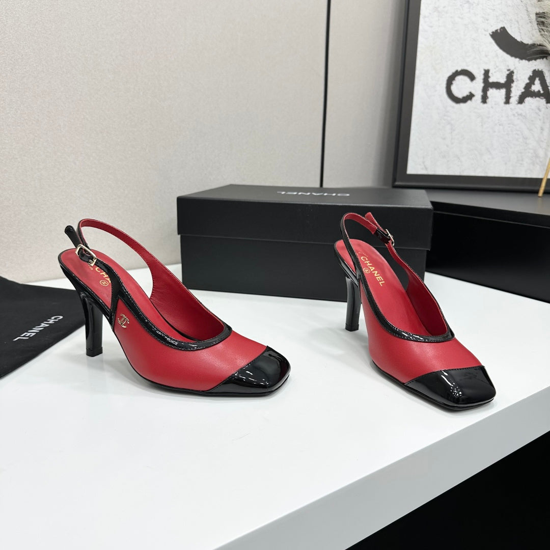 CHANEL 26S HIGH HEEL SLINGBACK IN RED LAMBSKIN AND BLACK PATENT CALFSKIN