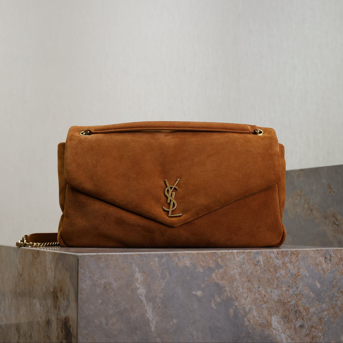 YSL 25S CALYPSO GM 38 IN DARK CARAMEL SUEDE GOLD HARDWRE