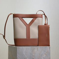 YSL 25S Y SMALL BUCKET 29 IN DESERT DUST AND BRICK CANVAS GOLD HARDWARE