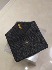YSL 25S CASSANDRE LARGE ENVELOPE POUCH 29 IN BLACK RAFFIA GOLD HARDWARE