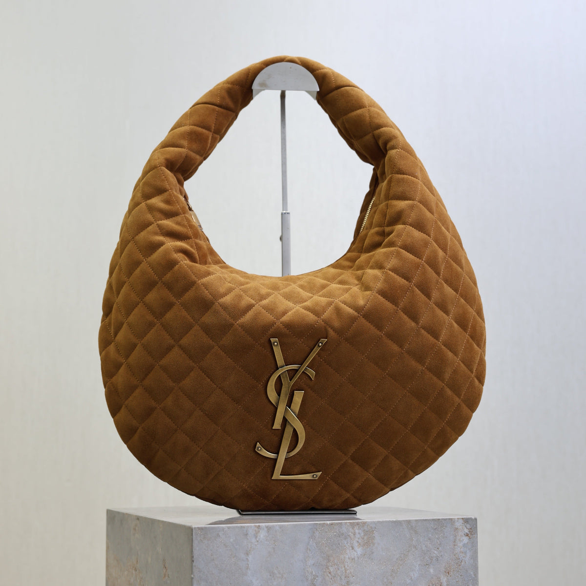 YSL 25S ICARINO 44 IN CARAMEL QUILTED SUEDE GOLD HARDWRE