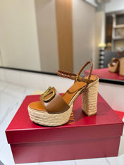 VLTN ESPADRILLE WEDGE SANDALS 25S 115 MM IN BROWN LAMBSKIN WITH GOLD HARDWARE