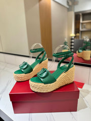 VLTN ESPADRILLE WEDGE SANDALS 25S 90 MM IN DARK GREEN LAMBSKIN STYLE 6