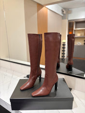 YSL 26S KNEE-HIGH BOOTS 95 MM IN BROWN CALFSKIN