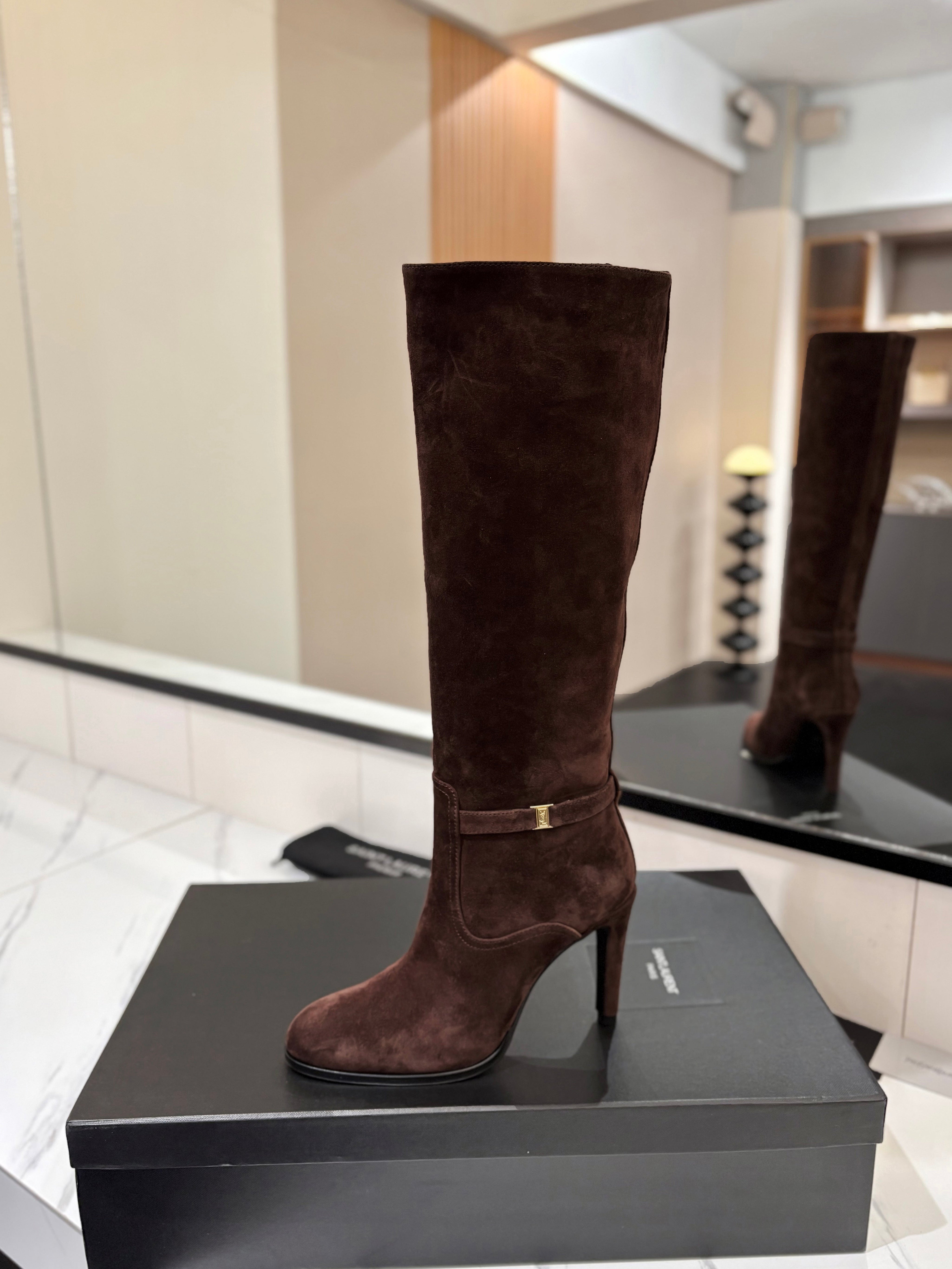 YSL 26S KNEE-HIGH BOOTS 90 MM IN DARK BROWN SUEDE
