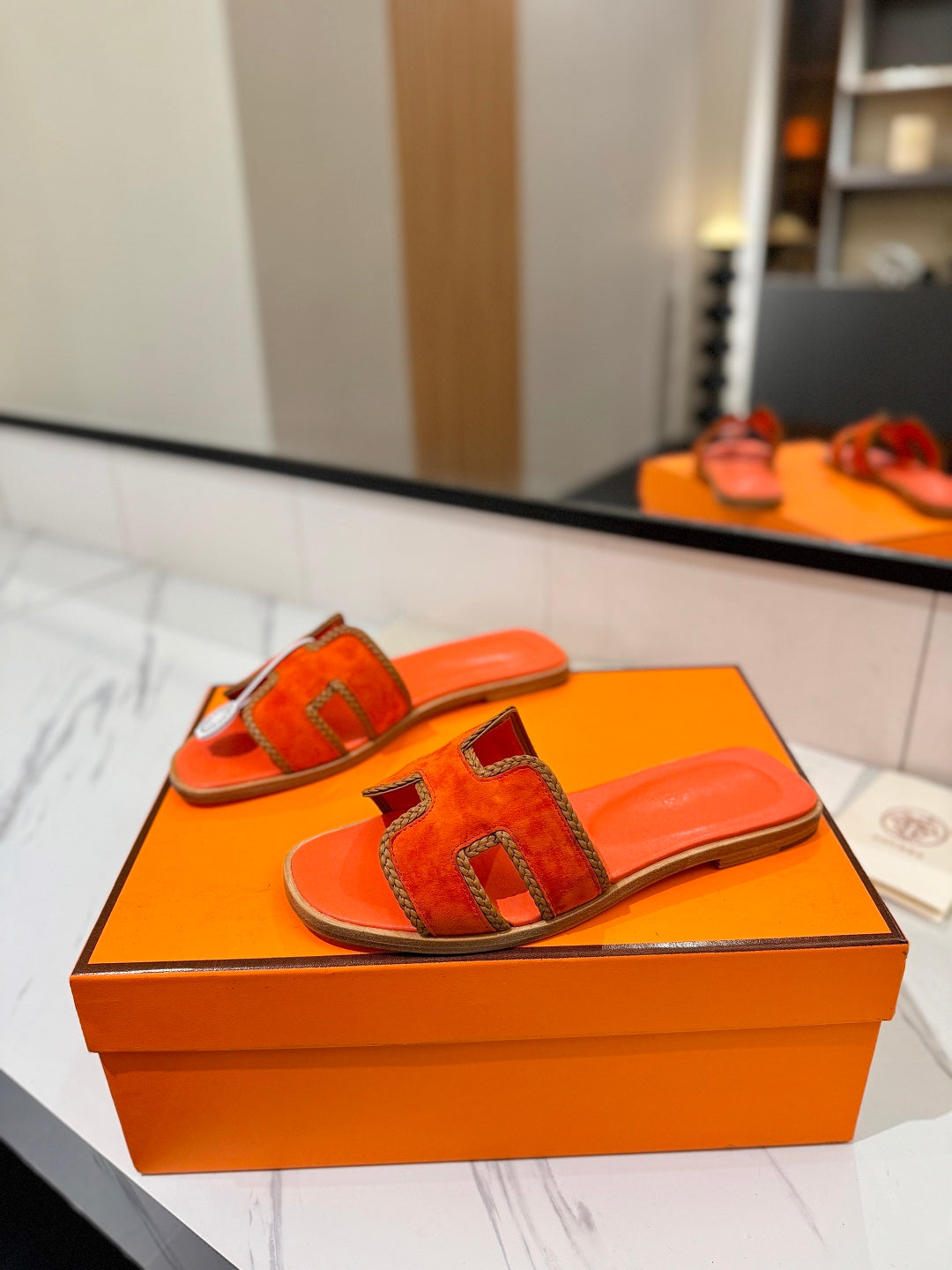 HM 26S ORAN SANDALS IN ORANGE SUEDE WITH TAN BOWN BRAIDED TRIM