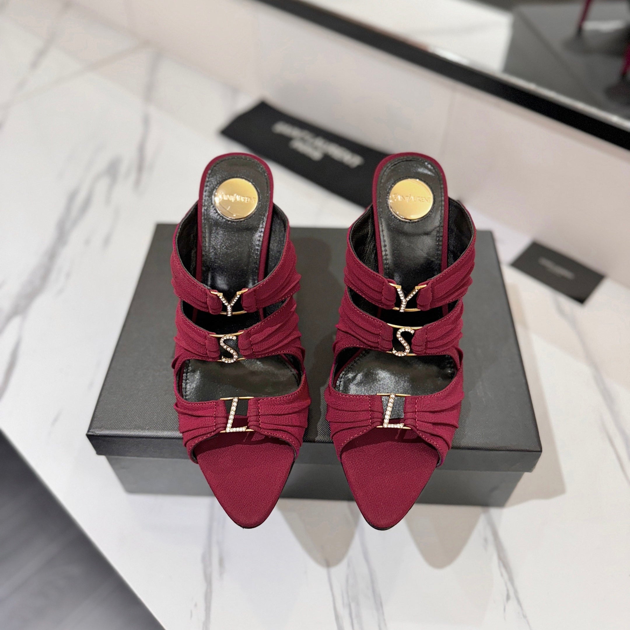 YSL 26S HEELED SANDALS 100 MM IN DARK RED FABRIC