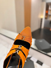 YSL 26S HEELED SANDALS 100 MM IN ORANGE FABRIC