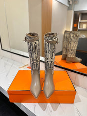 HM 26S JUMPING BOOTS IN DARK GREY CALFSKIN AND BEIGE CANVAS