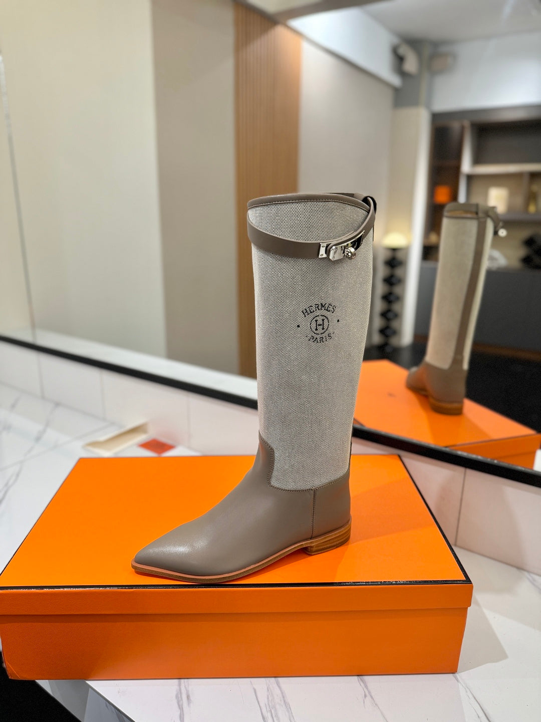HM 26S JUMPING BOOTS IN DARK GREY CALFSKIN AND BEIGE CANVAS WITH SILVER HARDWARE
