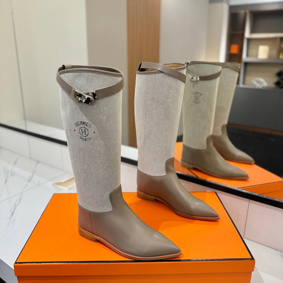 HM 26S JUMPING BOOTS IN DARK GREY CALFSKIN AND BEIGE CANVAS WITH SILVER HARDWARE