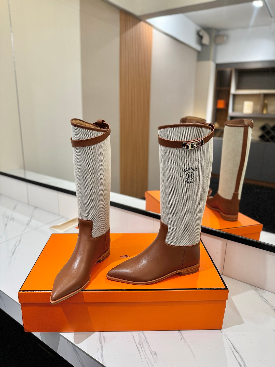 HM 26S JUMPING BOOTS IN BROWN CALFSKIN AND BEIGE CANVAS WITH SILVER HARDWARE