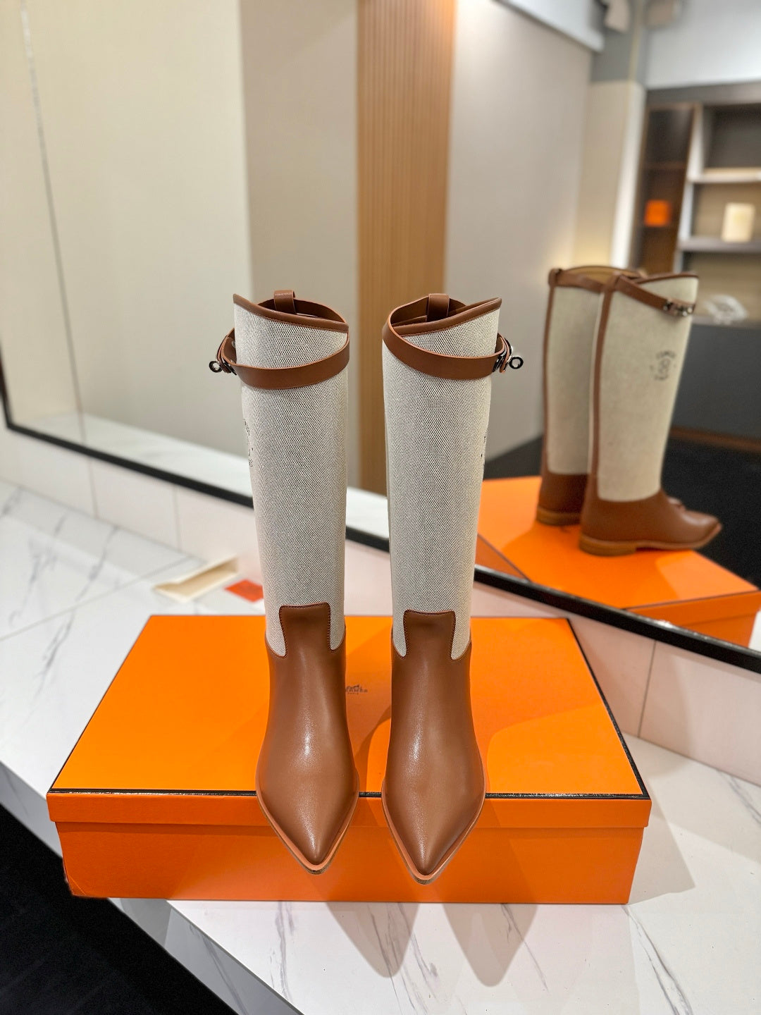 HM 26S JUMPING BOOTS IN BROWN CALFSKIN AND BEIGE CANVAS WITH SILVER HARDWARE