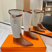 HM 26S JUMPING BOOTS IN BROWN CALFSKIN AND BEIGE CANVAS WITH SILVER HARDWARE