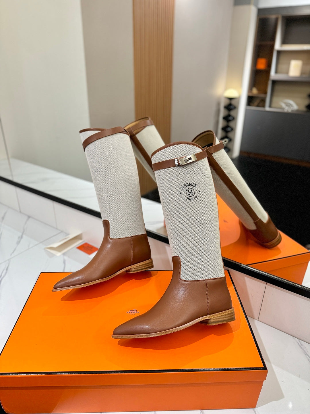HM 26S JUMPING BOOTS IN BROWN CALFSKIN AND BEIGE CANVAS WITH SILVER HARDWARE