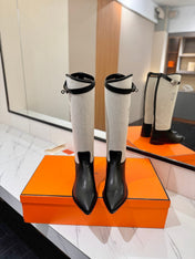 HM 26S JUMPING BOOTS IN BLACK CALFSKIN AND BEIGE CANVAS WITH SILVER HARDWARE