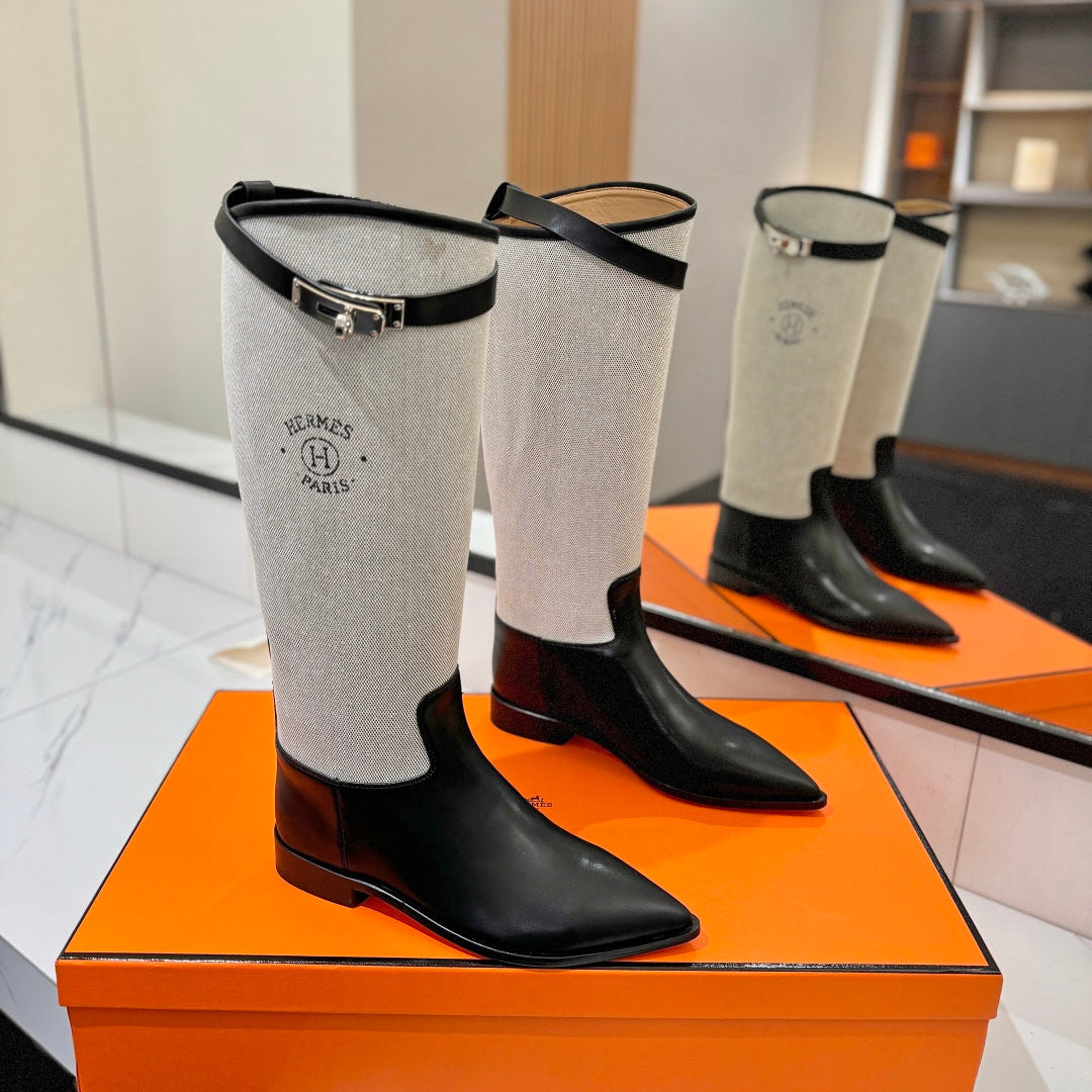 HM 26S JUMPING BOOTS IN BLACK CALFSKIN AND BEIGE CANVAS WITH SILVER HARDWARE