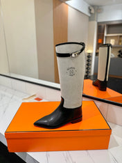 HM 26S JUMPING BOOTS IN BLACK CALFSKIN AND BEIGE CANVAS WITH SILVER HARDWARE