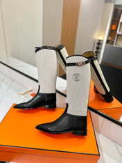 HM 26S JUMPING BOOTS IN BLACK CALFSKIN AND BEIGE CANVAS WITH SILVER HARDWARE