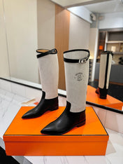 HM 26S JUMPING BOOTS IN BLACK CALFSKIN AND BEIGE CANVAS WITH SILVER HARDWARE